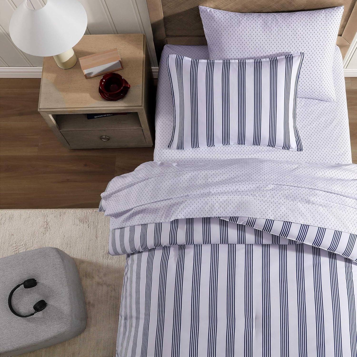 image:imageTommy Hilfiger Twin XL Comforter Set Soft amp Reversible Washed Microfiber Bedding with Bonus Bed Sheets amp Pillowcases 5 Piece Bed Set Campus StripeNautical Anchor BlueCampus StripeNautical Anchor Blue