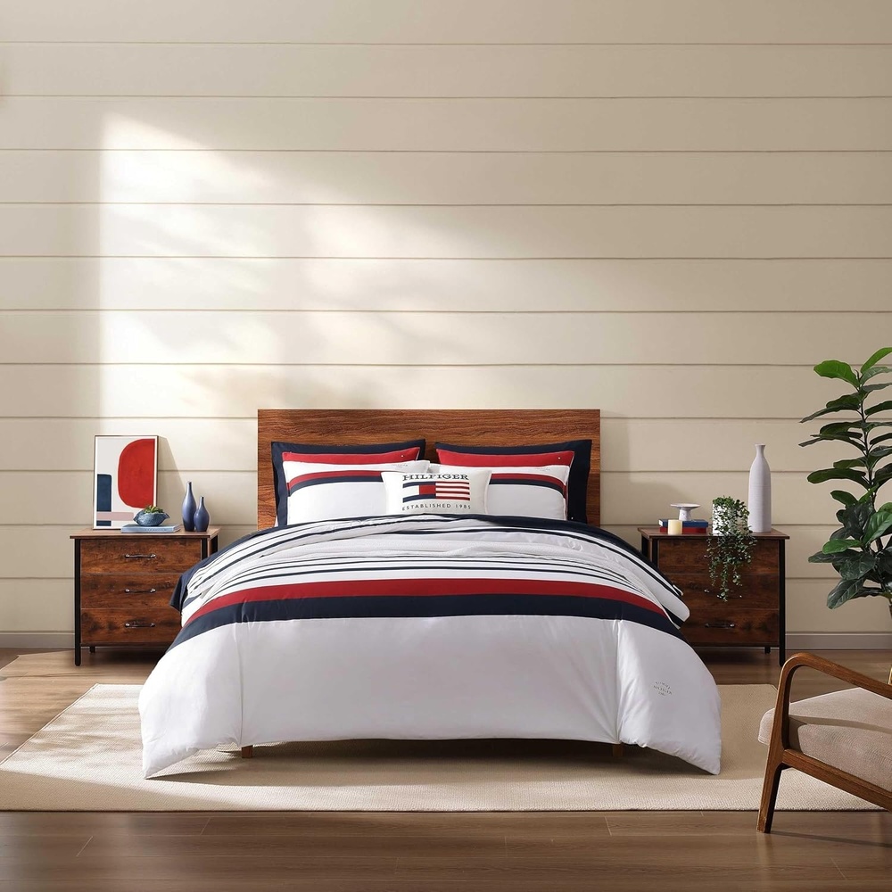 image:imageTommy Hilfiger Twin Comforter Set UltraSoft Cotton Bedding with Matching Sham Reversible Design Medium Weight for YearRound Comfort Striped Americana Decor Classic Stripe Dark BlueClassic Stripe Blue