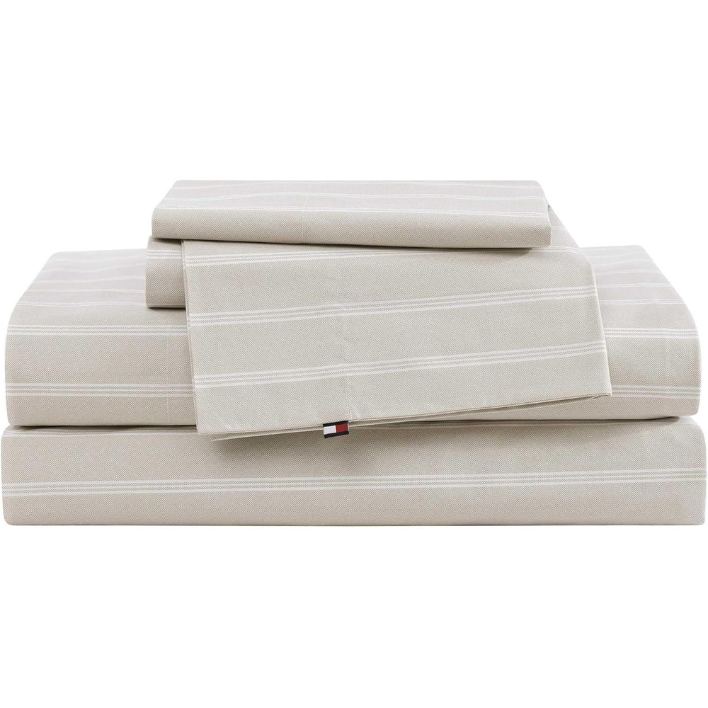 image:imageTommy Hilfiger Twin Size Sheets Set Crisp amp Tailored Cooling Sheets with a Cotton Percale Lightweight Feel Bed Sheets with Matching Pillowcase amp Fitted Sheet Cass Park Mix GreenEffortless Stripe Beige