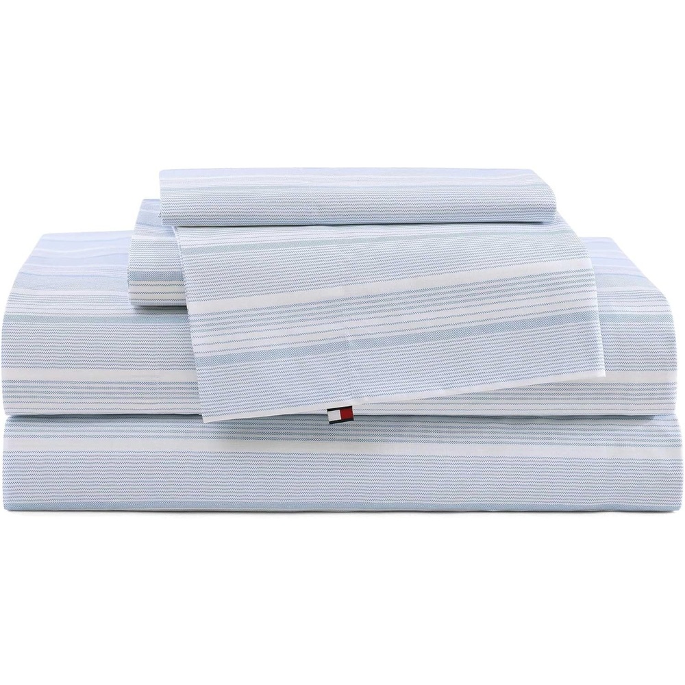 image:imageTommy Hilfiger  Twin Size Sheets Set Crisp amp Tailored Cooling Sheets with a Cotton Percale Lightweight Feel  Bed Sheets with Matching Pillowcase amp Fitted Sheet Cass Park Mix GreenSailing Stripe Blue