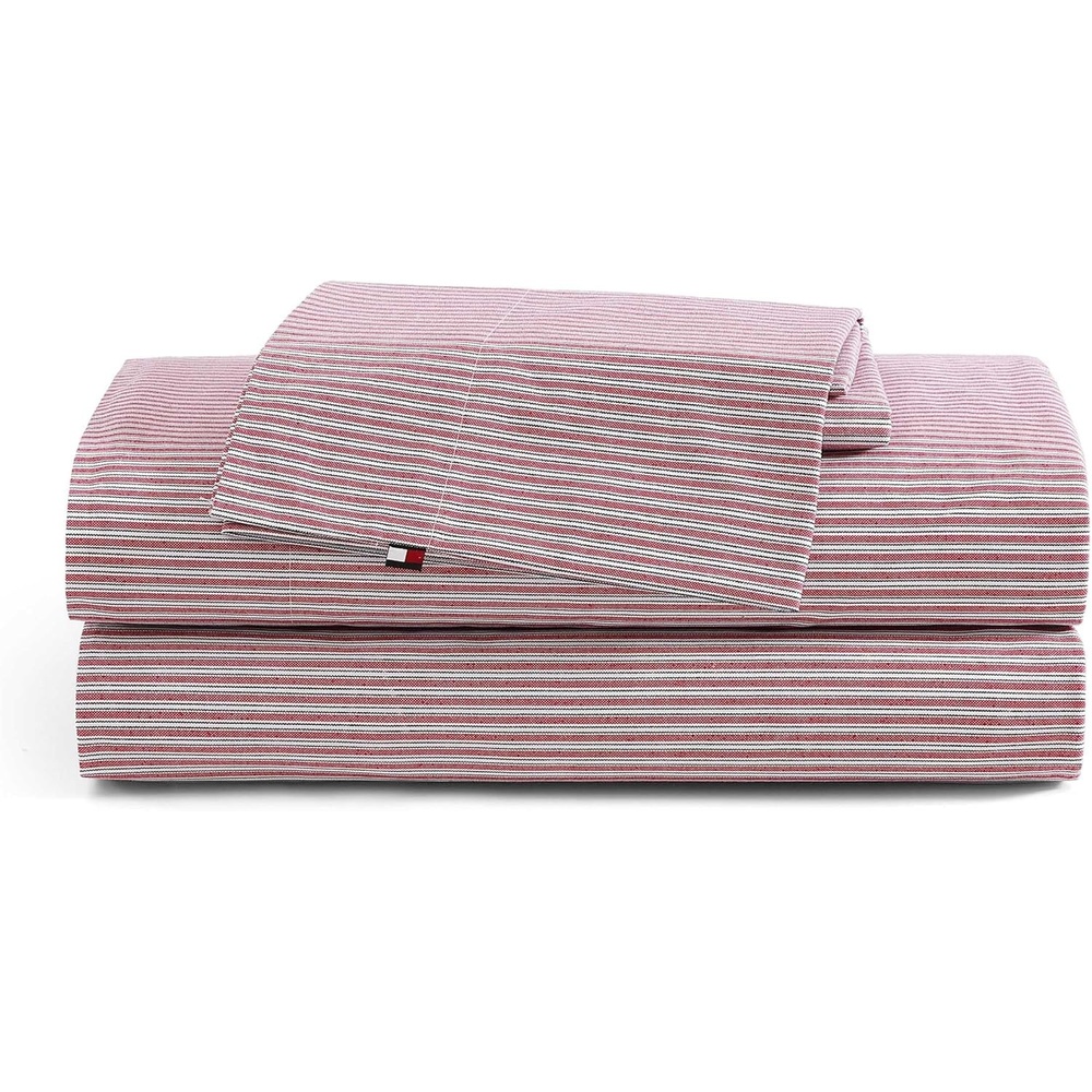 image:imageTommy Hilfiger  Twin Size Sheets Set Crisp amp Tailored Cooling Sheets with a Cotton Percale Lightweight Feel  Bed Sheets with Matching Pillowcase amp Fitted Sheet Cass Park Mix GreenHighland Ticking Stripe Red