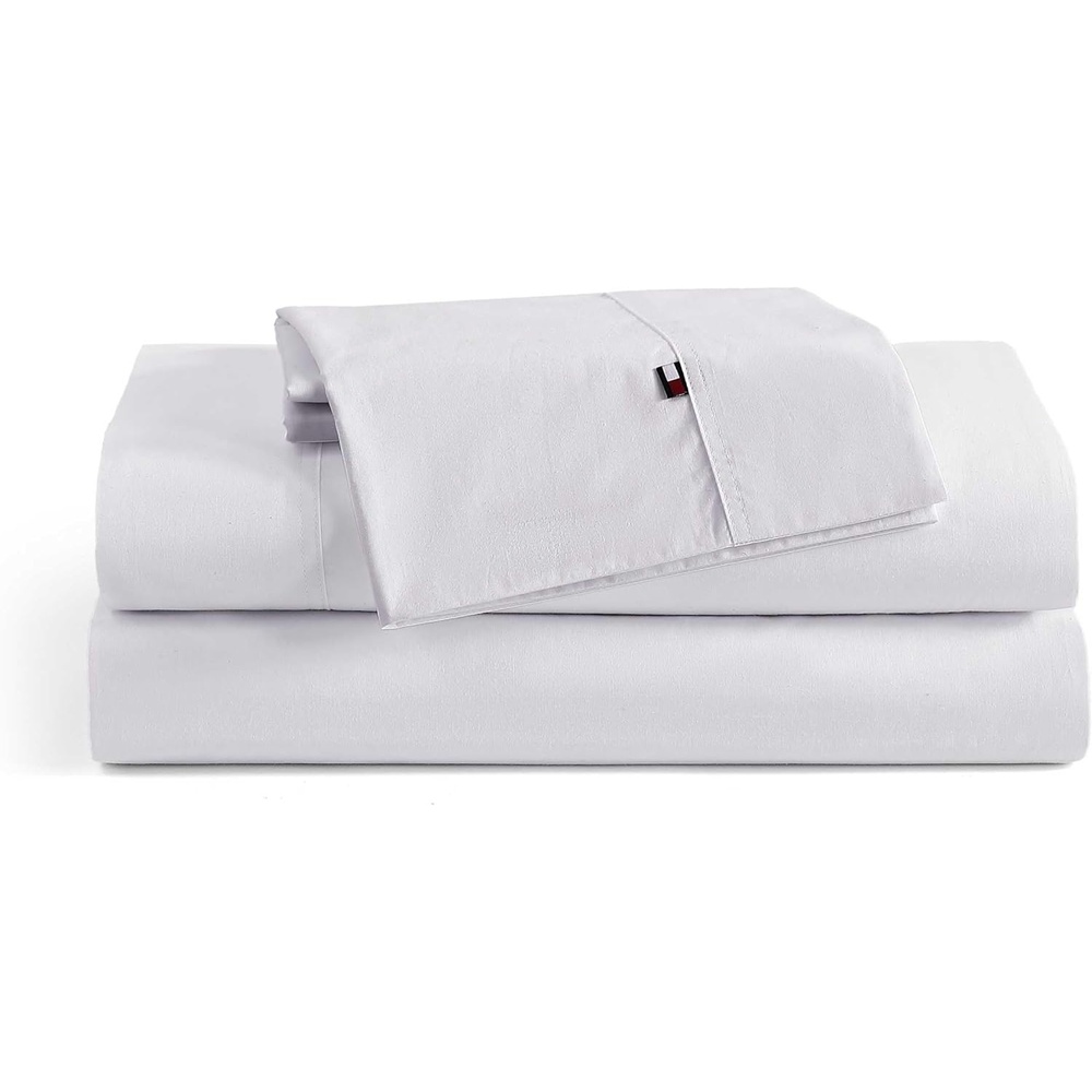 image:imageTommy Hilfiger Twin Size Sheets Set Crisp amp Tailored Cooling Sheets with a Cotton Percale Lightweight Feel Bed Sheets with Matching Pillowcase amp Fitted Sheet Cass Park Mix GreenSolid White
