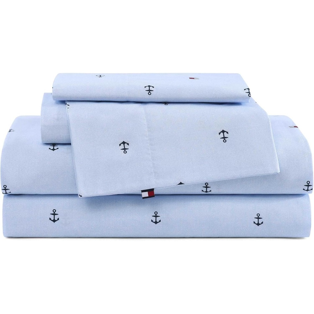 image:imageTommy Hilfiger Twin Size Sheets Set Crisp amp Tailored Cooling Sheets with a Cotton Percale Lightweight Feel Bed Sheets with Matching Pillowcase amp Fitted Sheet Cass Park Mix GreenAnchor and Flag Light Blue