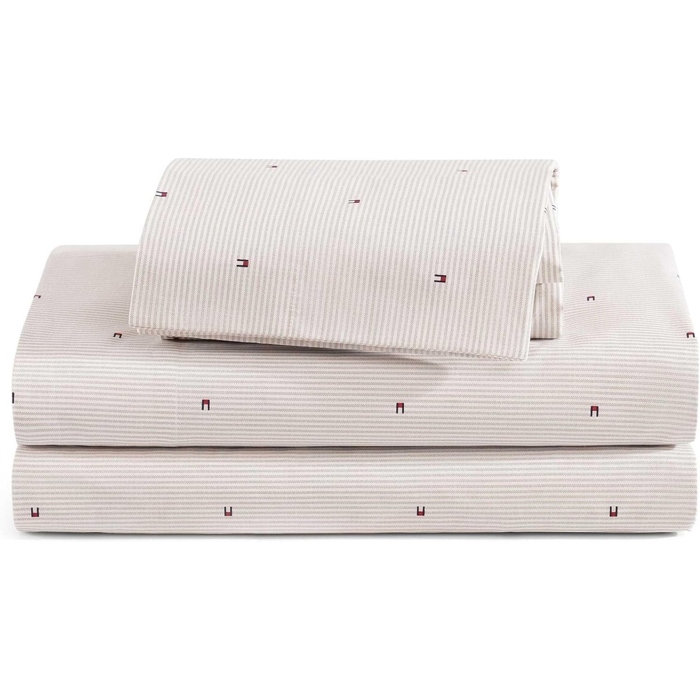 image:imageTommy Hilfiger  Twin Size Sheets Set Crisp amp Tailored Cooling Sheets with a Cotton Percale Lightweight Feel  Bed Sheets with Matching Pillowcase amp Fitted Sheet Cass Park Mix GreenIthaca Flag Stipe Beige