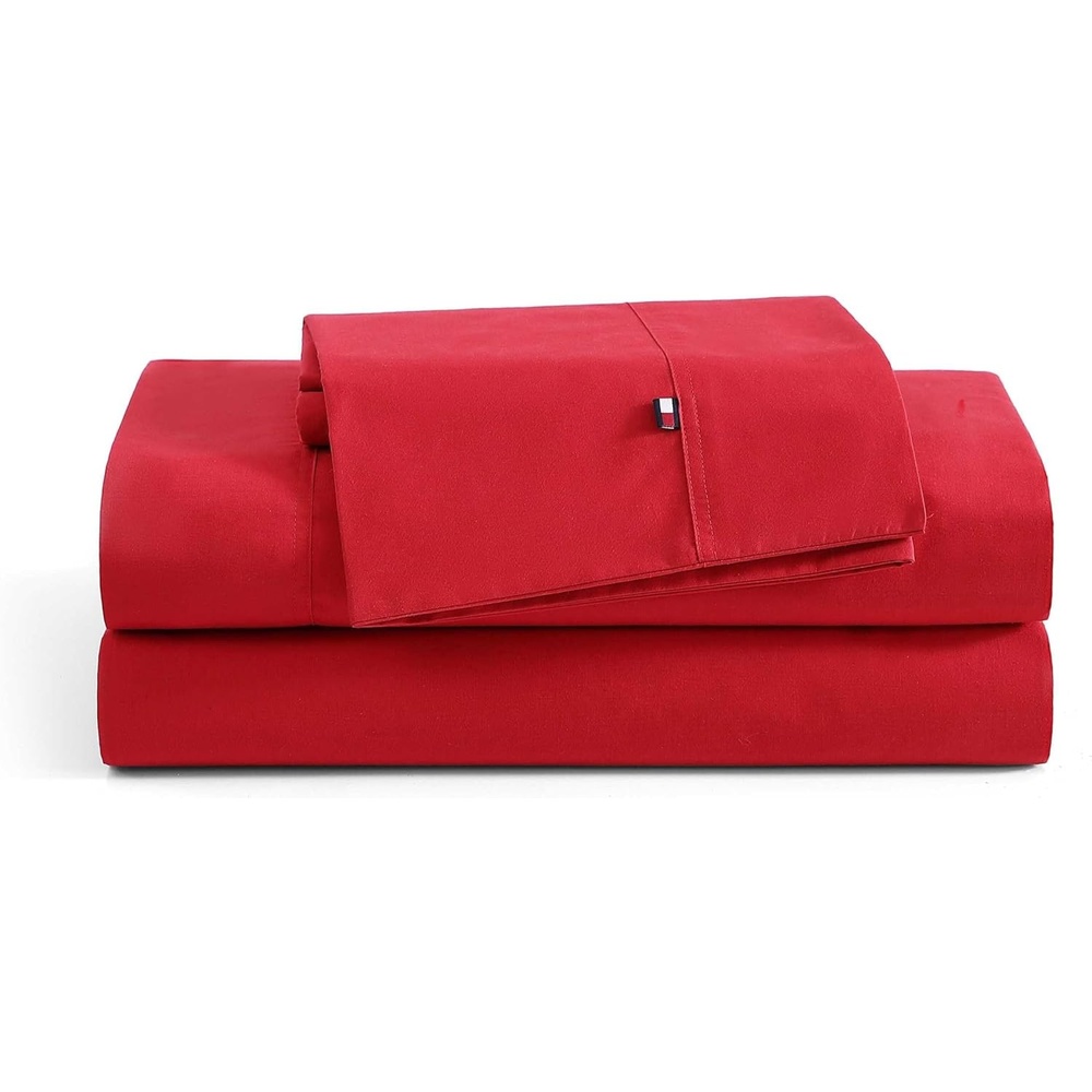image:imageTommy Hilfiger Twin Size Sheets Set Crisp amp Tailored Cooling Sheets with a Cotton Percale Lightweight Feel Bed Sheets with Matching Pillowcase amp Fitted Sheet Cass Park Mix GreenSolid Red