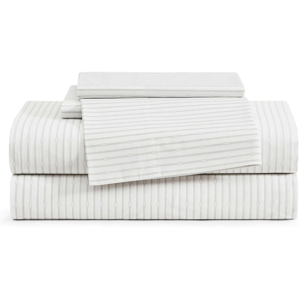 image:imageTommy Hilfiger  Twin Size Sheets Set Crisp amp Tailored Cooling Sheets with a Cotton Percale Lightweight Feel  Bed Sheets with Matching Pillowcase amp Fitted Sheet Cass Park Mix GreenMonogram Stripe Grey