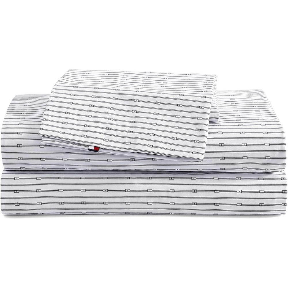 image:imageTommy Hilfiger Twin Size Sheets Set Crisp amp Tailored Cooling Sheets with a Cotton Percale Lightweight Feel Bed Sheets with Matching Pillowcase amp Fitted Sheet Cass Park Mix GreenMonogram Stripe Navy