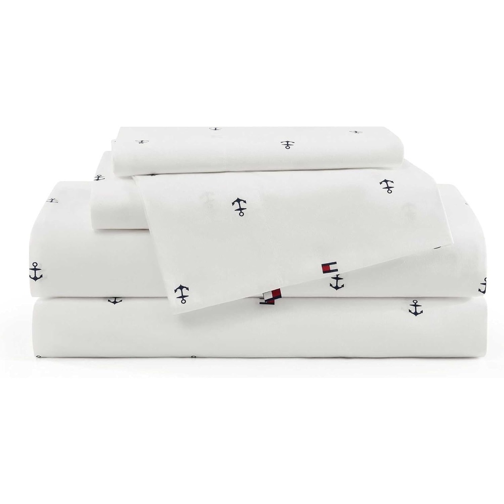 image:imageTommy Hilfiger  Twin Size Sheets Set Crisp amp Tailored Cooling Sheets with a Cotton Percale Lightweight Feel  Bed Sheets with Matching Pillowcase amp Fitted Sheet Cass Park Mix GreenAnchor and Flag Blue