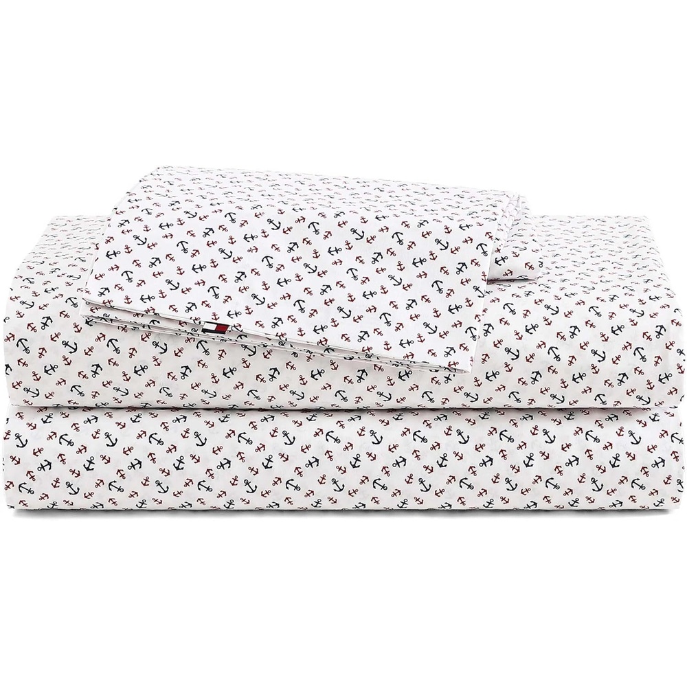 image:imageTommy Hilfiger Twin Size Sheets Set Crisp amp Tailored Cooling Sheets with a Cotton Percale Lightweight Feel Bed Sheets with Matching Pillowcase amp Fitted Sheet Cass Park Mix GreenAtlantic Anchors Red