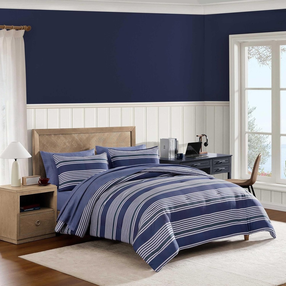 image:imageTommy Hilfiger Twin XL Comforter Set Soft amp Reversible Washed Microfiber Bedding with Bonus Bed Sheets amp Pillowcases 5 Piece Bed Set Campus StripeNautical Anchor BlueLido StripeChristopher Blue