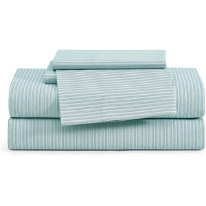 Tommy Hilfiger – Twin Size Sheets Set, Crisp & Tailored Cooling Sheets with a Cotton Percale Lightweight Feel – Bed Sheets with Matching Pillowcase & Fitted Sheet (Cass Park Mix Green)(Highland Ticking Stripe Green)