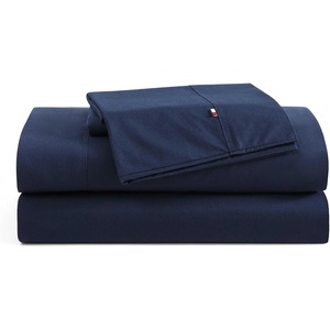 Tommy Hilfiger – Twin Size Sheets Set, Crisp & Tailored Cooling Sheets with a Cotton Percale Lightweight Feel – Bed Sheets with Matching Pillowcase & Fitted Sheet (Cass Park Mix Green)(Solid Navy)