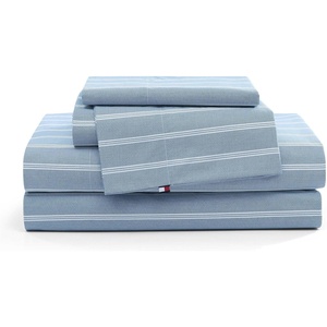Tommy Hilfiger – Twin Size Sheets Set, Crisp & Tailored Cooling Sheets with a Cotton Percale Lightweight Feel – Bed Sheets with Matching Pillowcase & Fitted Sheet (Cass Park Mix Green)(Effortless Stripe Blue)