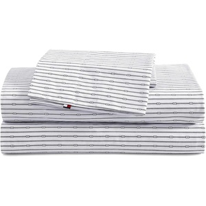 Tommy Hilfiger – Twin Size Sheets Set, Crisp & Tailored Cooling Sheets with a Cotton Percale Lightweight Feel – Bed Sheets with Matching Pillowcase & Fitted Sheet (Cass Park Mix Green)(Monogram Stripe Navy)