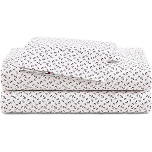 Tommy Hilfiger – Twin Size Sheets Set, Crisp & Tailored Cooling Sheets with a Cotton Percale Lightweight Feel – Bed Sheets with Matching Pillowcase & Fitted Sheet (Cass Park Mix Green)(Atlantic Anchors Red)