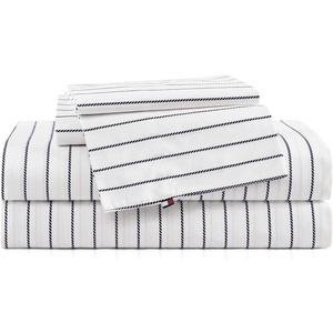 Tommy Hilfiger – Twin Size Sheets Set, Crisp & Tailored Cooling Sheets with a Cotton Percale Lightweight Feel – Bed Sheets with Matching Pillowcase & Fitted Sheet (Cass Park Mix Green)(Rope Stripe Blue)