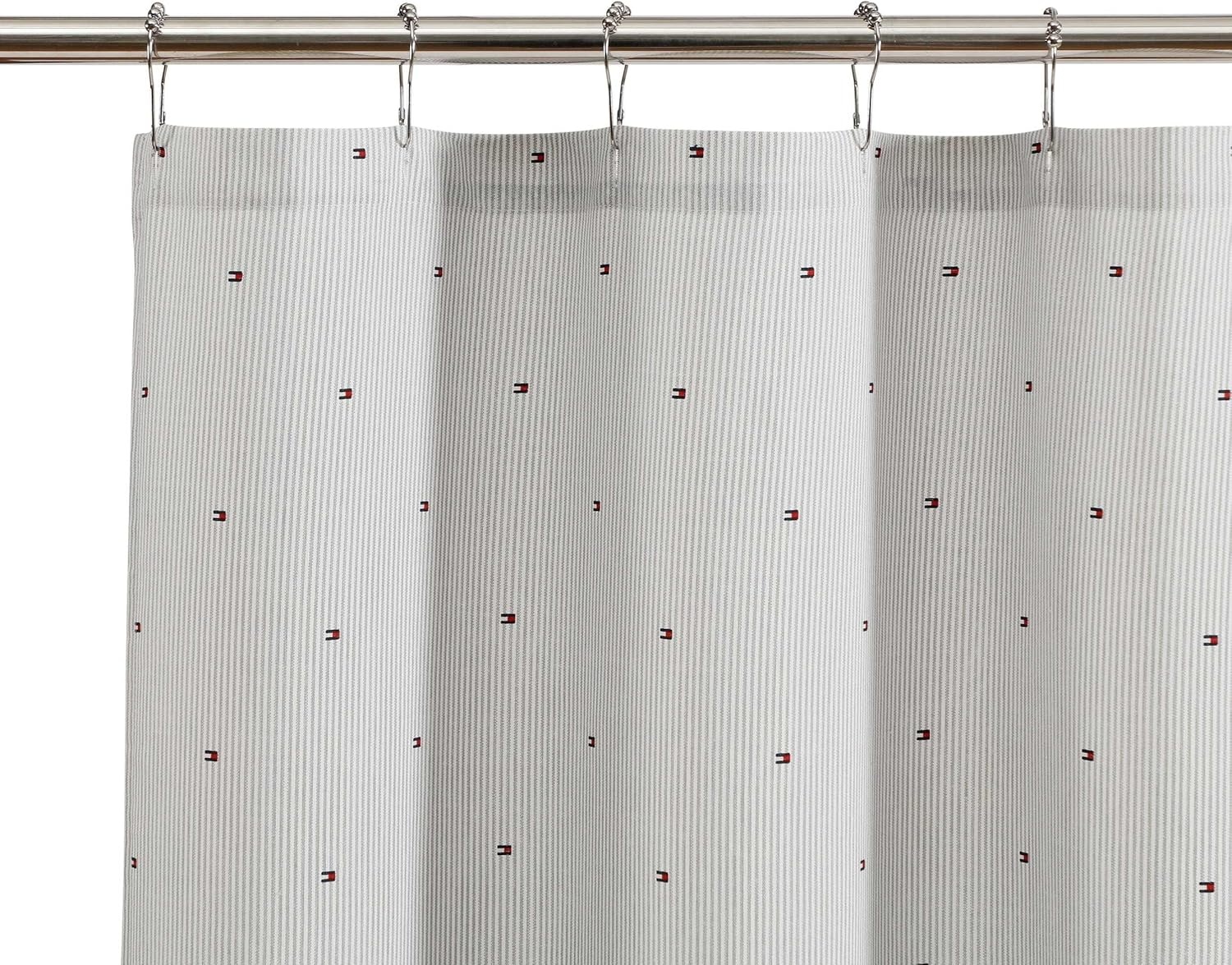 image:imageTommy Hilfiger Shower Curtain Recycled Cotton Blend Bathroom Curtain 72 x 72 Tailored Stripe Design with Flag Detail Americana Decor Machine Washable Pewter GreyIthaca Flag Stripe Grey