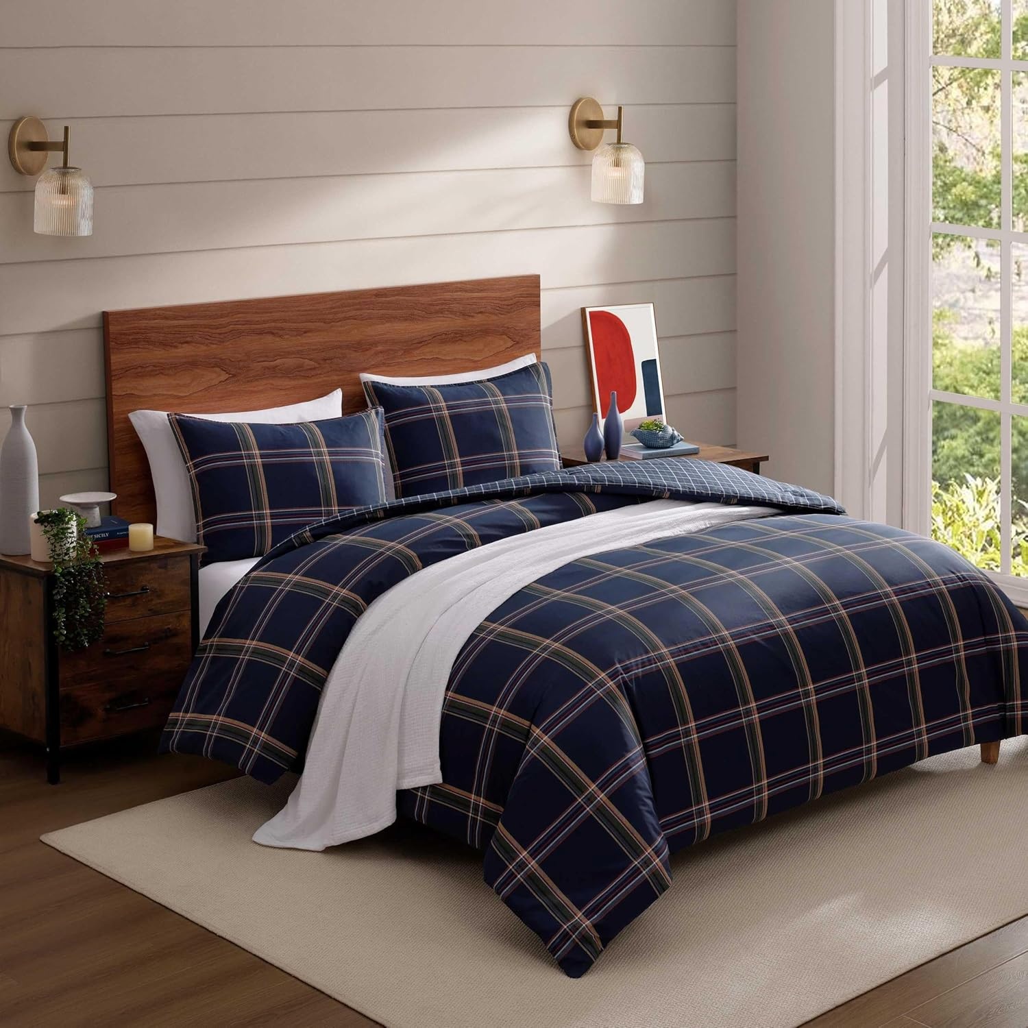 image:imageTommy Hilfiger Twin Duvet Cover Set 100 Cotton Percale Bedding with Matching Sham Button Closure amp Corner Ties Reversible Prospect Plaid Design Americana Decor BlueBeacon Plaid Blue