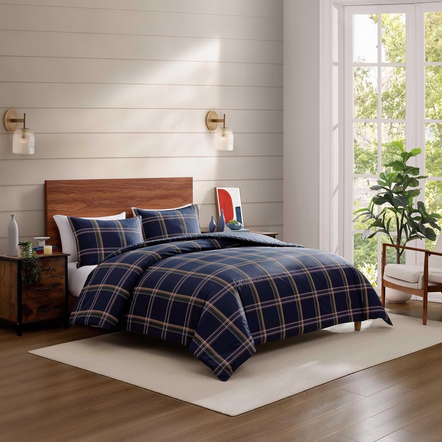 image:imageTommy Hilfiger Twin Duvet Cover Set 100 Cotton Percale Bedding with Matching Sham Button Closure amp Corner Ties Reversible Prospect Plaid Design Americana Decor BlueBeacon Plaid Blue