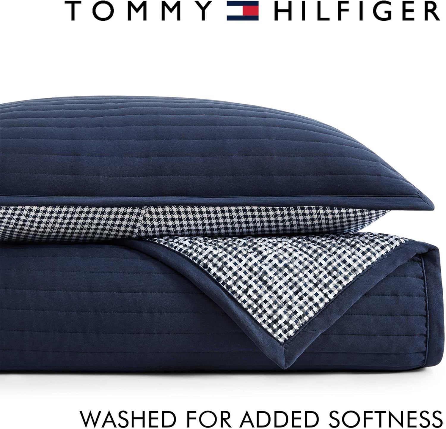image:imageTommy Hilfiger Twin Quilt Set Reversible Bedding with a Soft amp Smooth Feel 2 Piece Bed Set with Matching Pillowcase Solid GardenaCheck BlueSolid GardenaCheck Blue