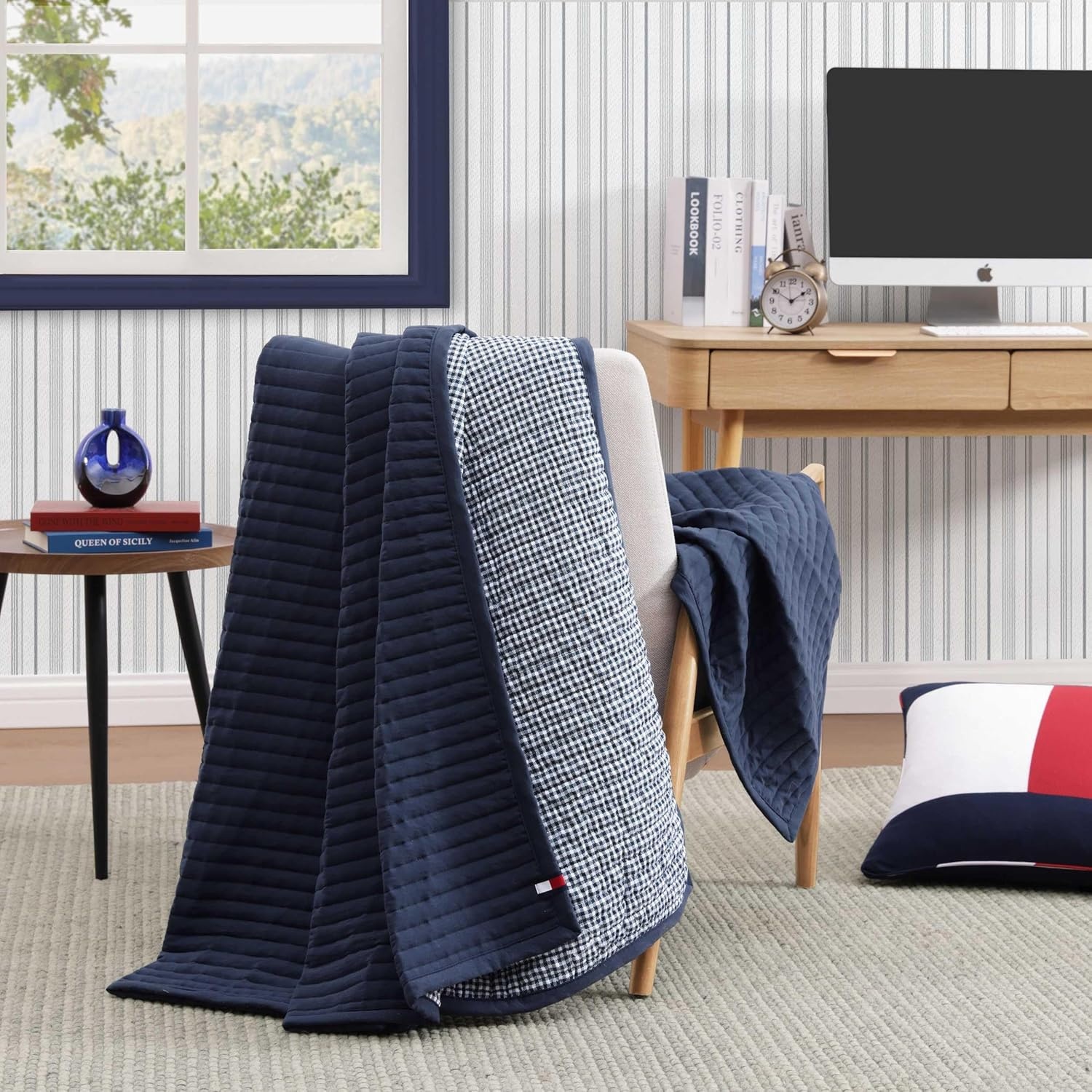 image:imageTommy Hilfiger Twin Quilt Set Reversible Bedding with a Soft amp Smooth Feel 2 Piece Bed Set with Matching Pillowcase Solid GardenaCheck BlueSolid GardenaCheck Blue