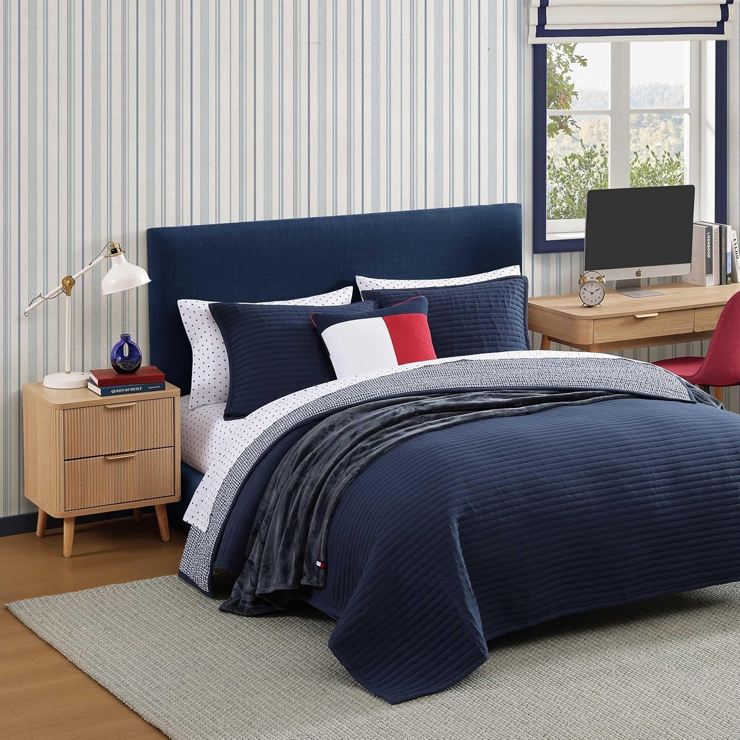image:imageTommy Hilfiger Twin Quilt Set Reversible Bedding with a Soft amp Smooth Feel 2 Piece Bed Set with Matching Pillowcase Solid GardenaCheck BlueSolid GardenaCheck Blue