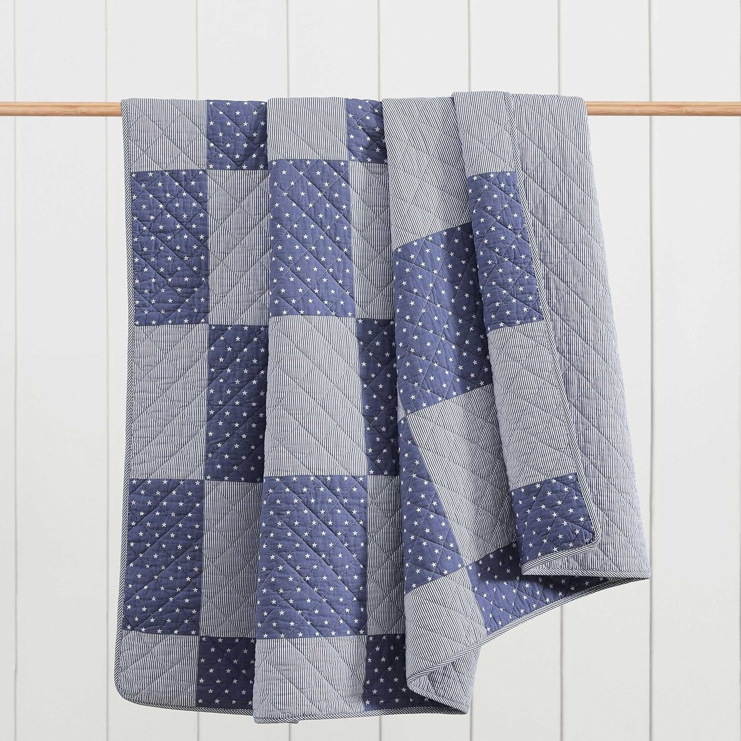 image:imageTommy Hilfiger Twin Quilt Set Reversible Soft Cotton Percale Bedding with Reversible Stripe Design Lightweight AllSeason Quilt with Matching Sham Americana Decor Ithaca Patchwork BlueIthaca StargazePatchwork Ithaca Stripe Blue