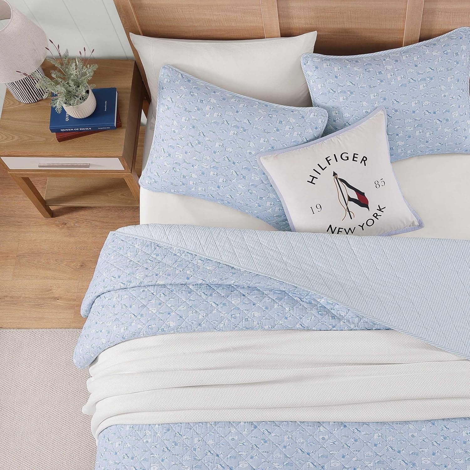 image:imageTommy Hilfiger Twin Quilt Set Reversible Soft Cotton Percale Bedding with Reversible Stripe Design Lightweight AllSeason Quilt with Matching Sham Americana Decor Ithaca Patchwork BlueBoating FlagsTicking Stripe Blue