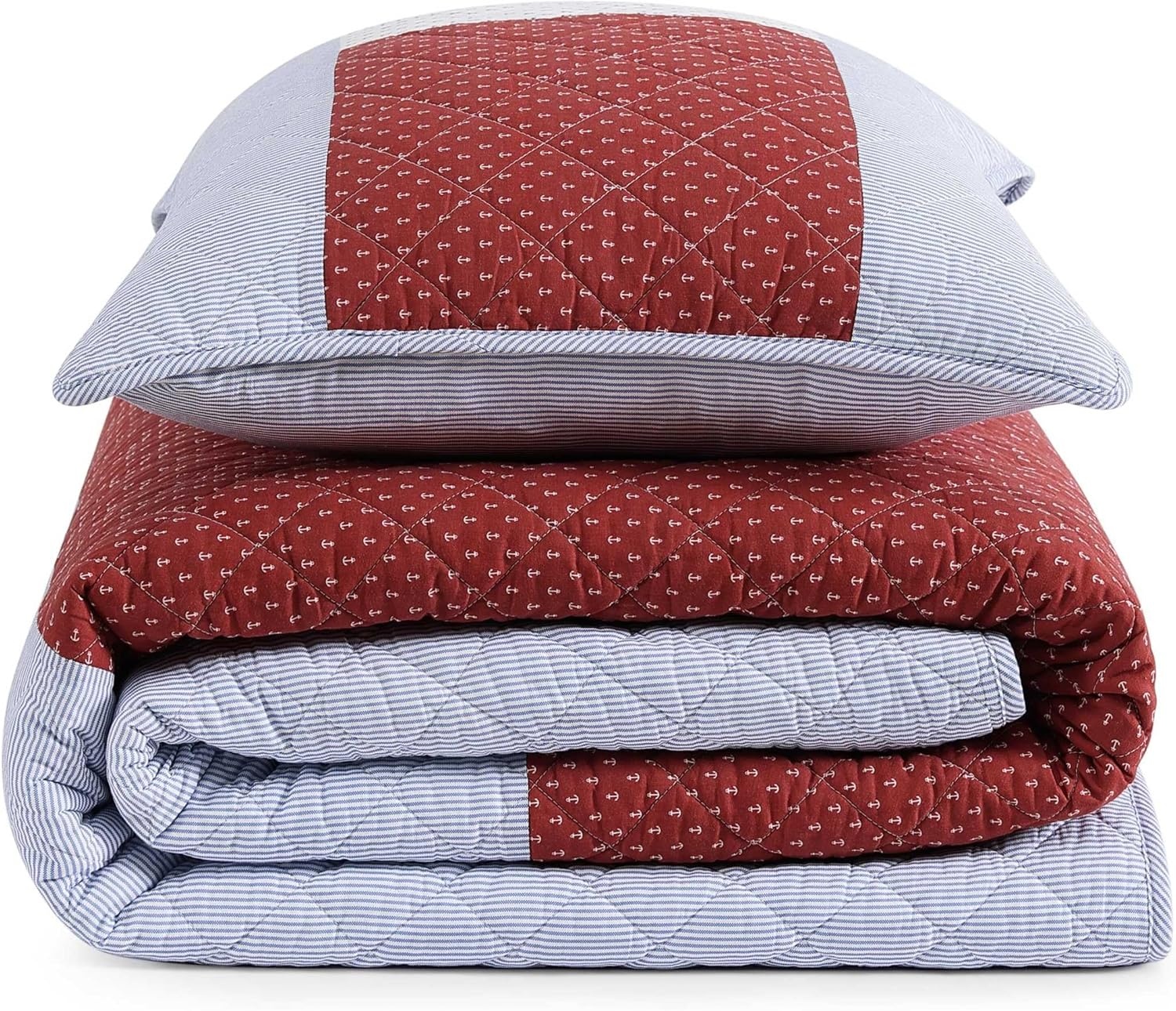 image:imageTommy Hilfiger Twin Quilt Set Reversible Soft Cotton Percale Bedding with Reversible Stripe Design Lightweight AllSeason Quilt with Matching Sham Americana Decor Nautical Anchor BlueNautical Anchor FlagIthaca Stripe Blue