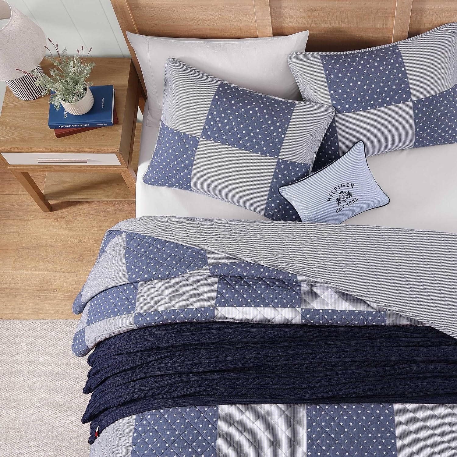 image:imageTommy Hilfiger Twin Quilt Set Reversible Soft Cotton Percale Bedding with Reversible Stripe Design Lightweight AllSeason Quilt with Matching Sham Americana Decor Ithaca Patchwork BlueIthaca StargazePatchwork Ithaca Stripe Blue