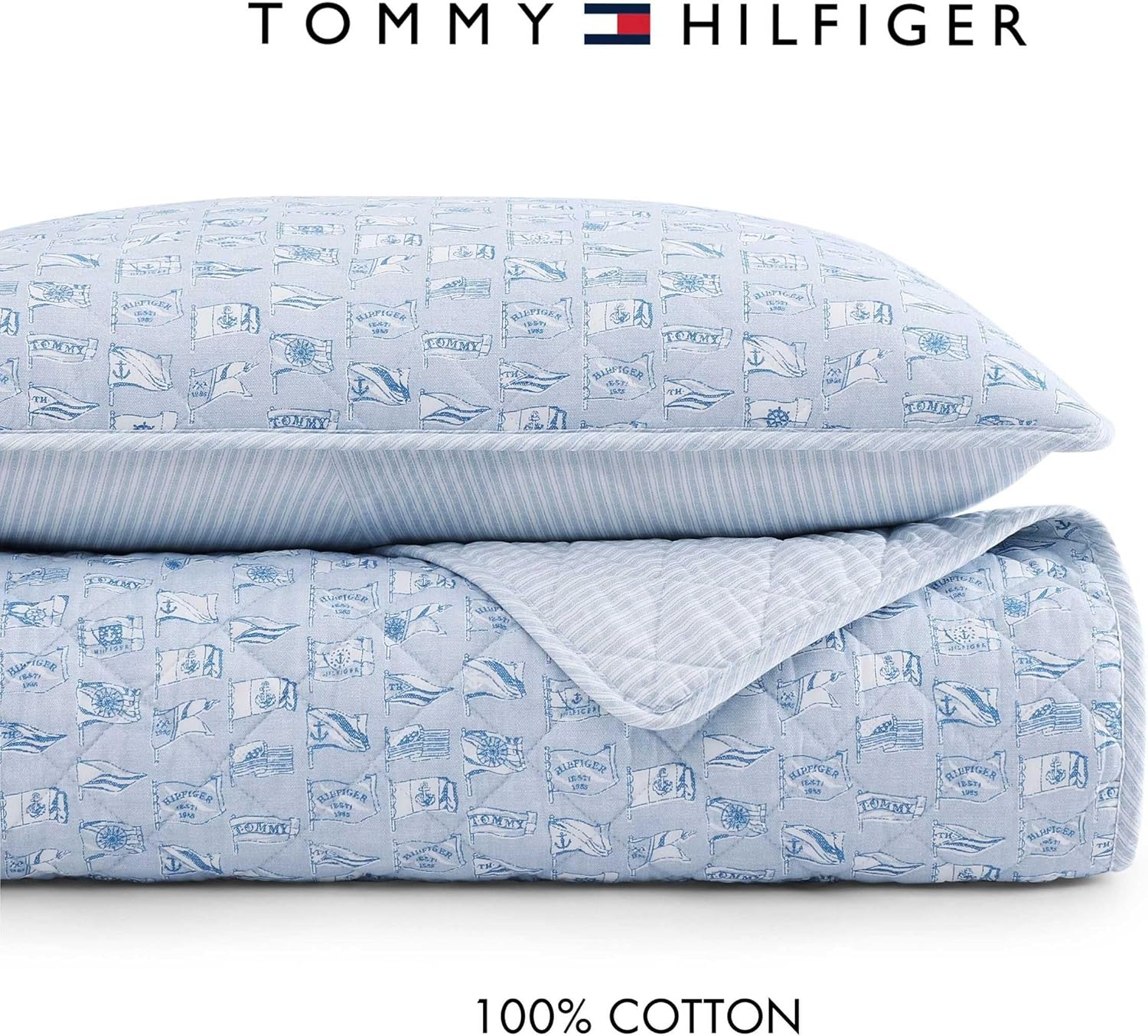image:imageTommy Hilfiger Twin Quilt Set Reversible Soft Cotton Percale Bedding with Reversible Stripe Design Lightweight AllSeason Quilt with Matching Sham Americana Decor Ithaca Patchwork BlueBoating FlagsTicking Stripe Blue