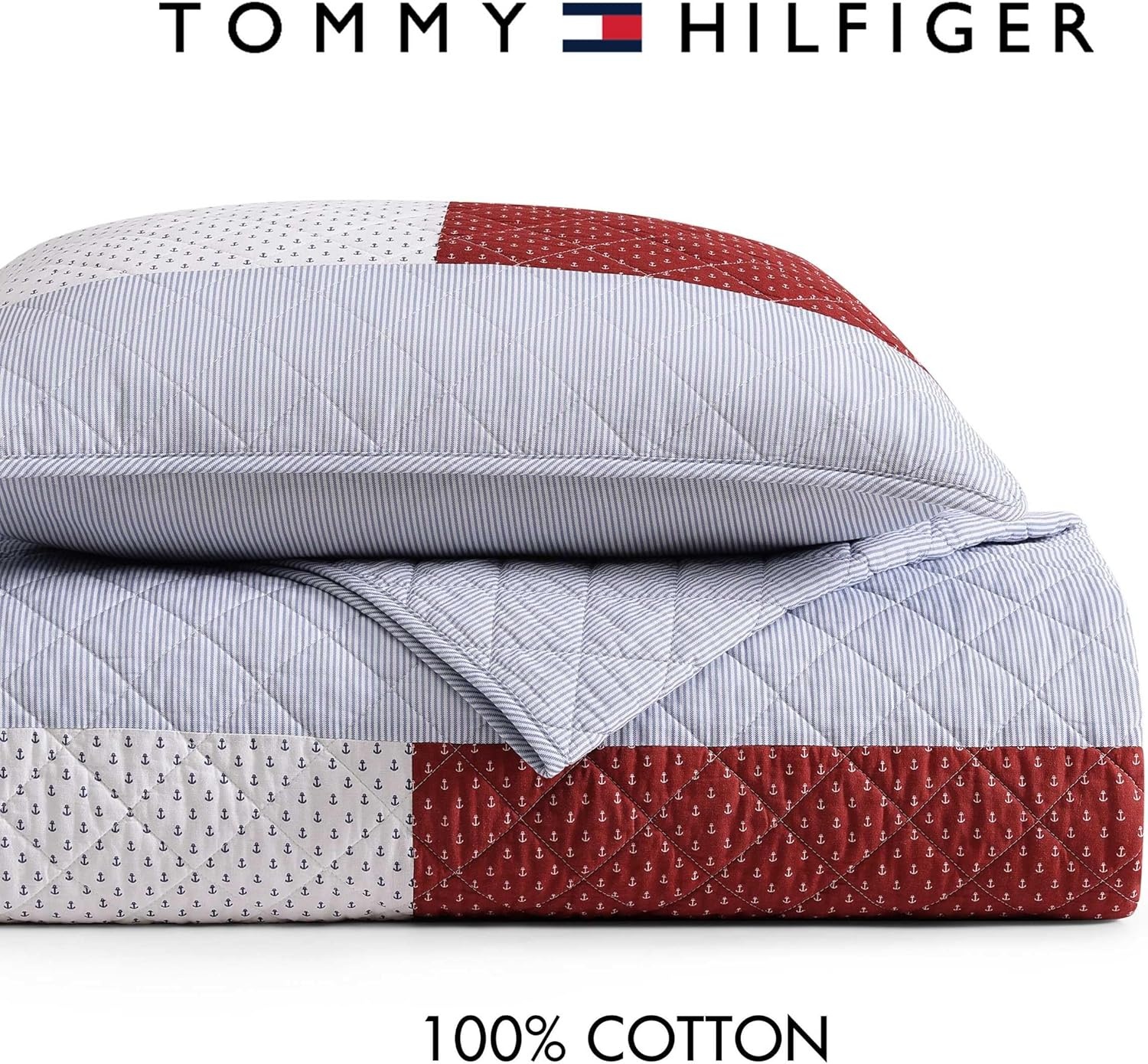 image:imageTommy Hilfiger Twin Quilt Set Reversible Soft Cotton Percale Bedding with Reversible Stripe Design Lightweight AllSeason Quilt with Matching Sham Americana Decor Nautical Anchor BlueNautical Anchor FlagIthaca Stripe Blue