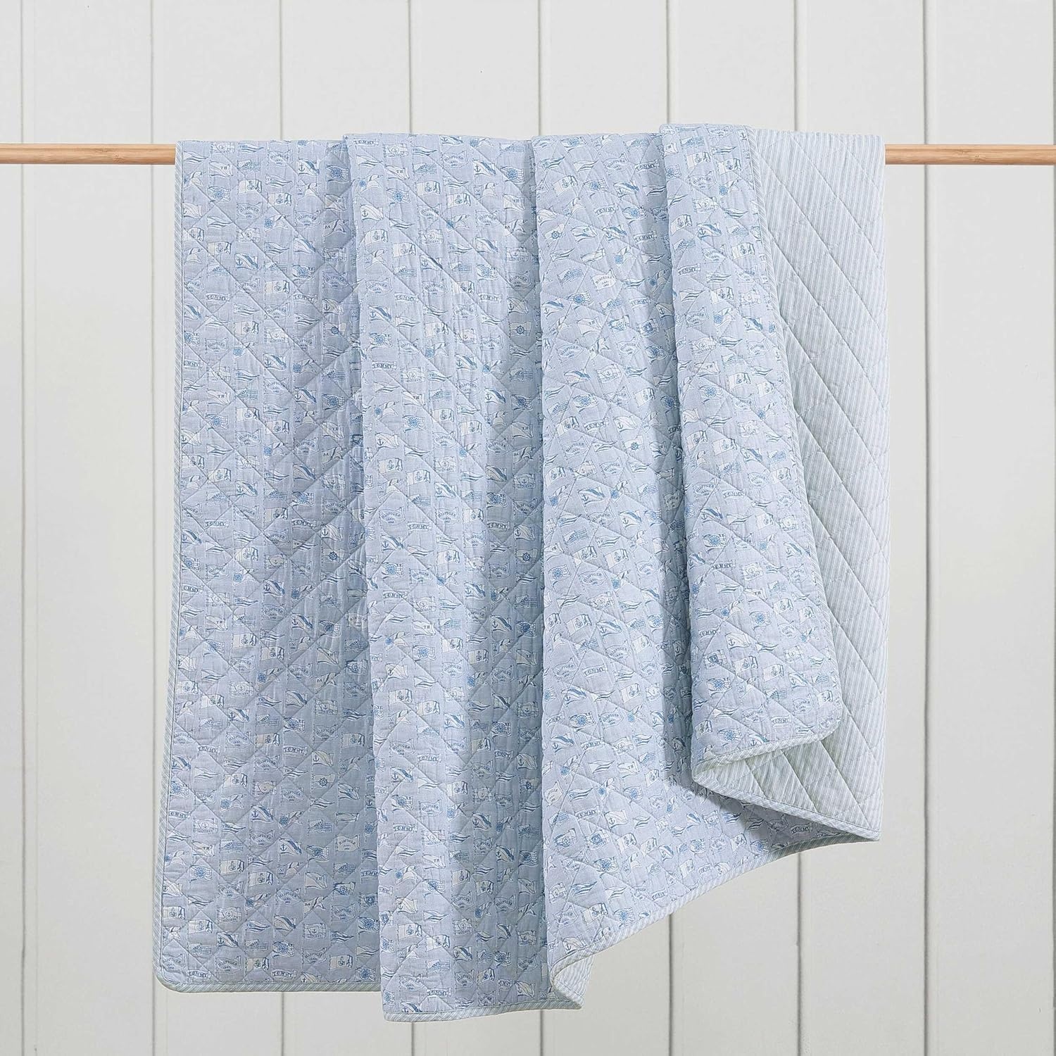 image:imageTommy Hilfiger Twin Quilt Set Reversible Soft Cotton Percale Bedding with Reversible Stripe Design Lightweight AllSeason Quilt with Matching Sham Americana Decor Ithaca Patchwork BlueBoating FlagsTicking Stripe Blue