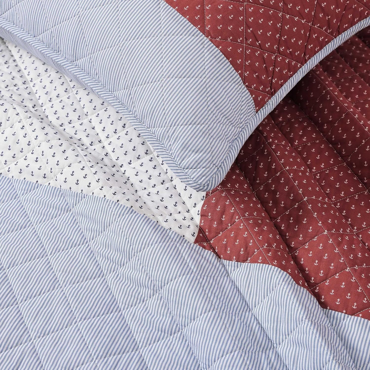 image:imageTommy Hilfiger Twin Quilt Set Reversible Soft Cotton Percale Bedding with Reversible Stripe Design Lightweight AllSeason Quilt with Matching Sham Americana Decor Nautical Anchor BlueNautical Anchor FlagIthaca Stripe Blue