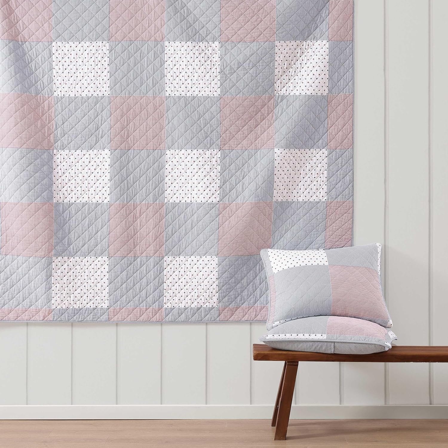 image:imageTommy Hilfiger Twin Quilt Set Reversible Soft Cotton Percale Bedding with Reversible Stripe Design Lightweight AllSeason Quilt with Matching Sham Americana Decor Ithaca Patchwork BlueIthaca AmericanaPatchwork Ithaca Stripe Blue