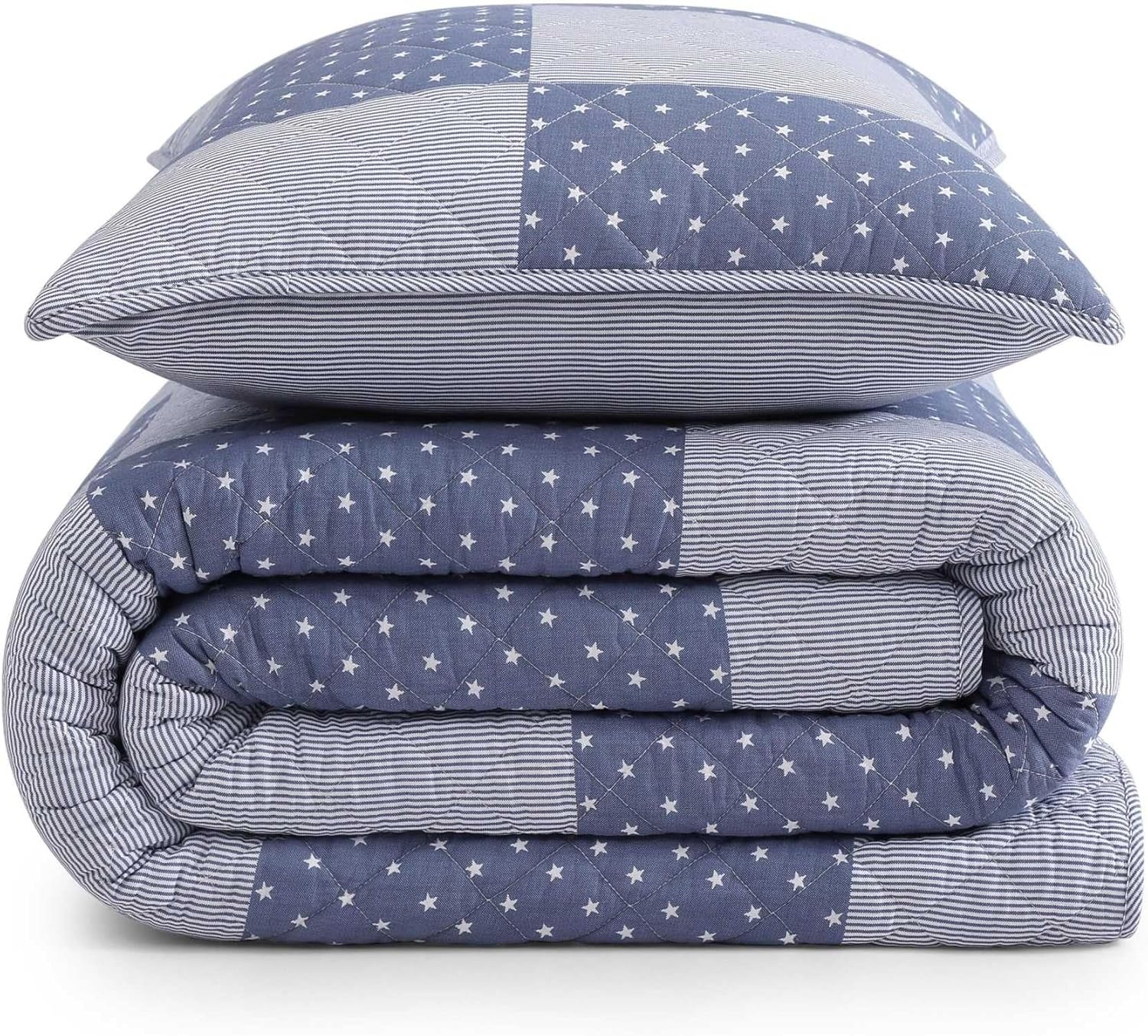 image:imageTommy Hilfiger Twin Quilt Set Reversible Soft Cotton Percale Bedding with Reversible Stripe Design Lightweight AllSeason Quilt with Matching Sham Americana Decor Ithaca Patchwork BlueIthaca StargazePatchwork Ithaca Stripe Blue