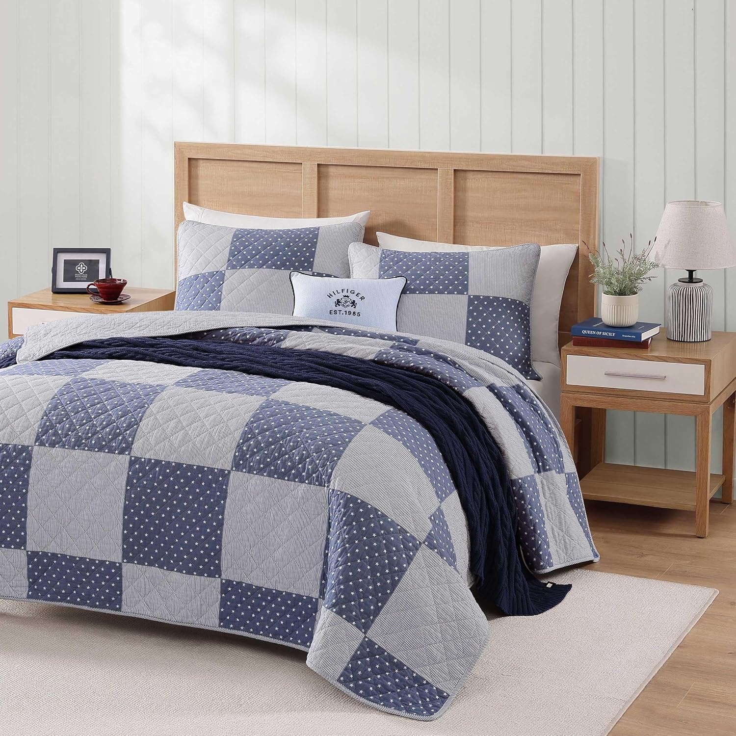 image:imageTommy Hilfiger Twin Quilt Set Reversible Soft Cotton Percale Bedding with Reversible Stripe Design Lightweight AllSeason Quilt with Matching Sham Americana Decor Ithaca Patchwork BlueIthaca StargazePatchwork Ithaca Stripe Blue