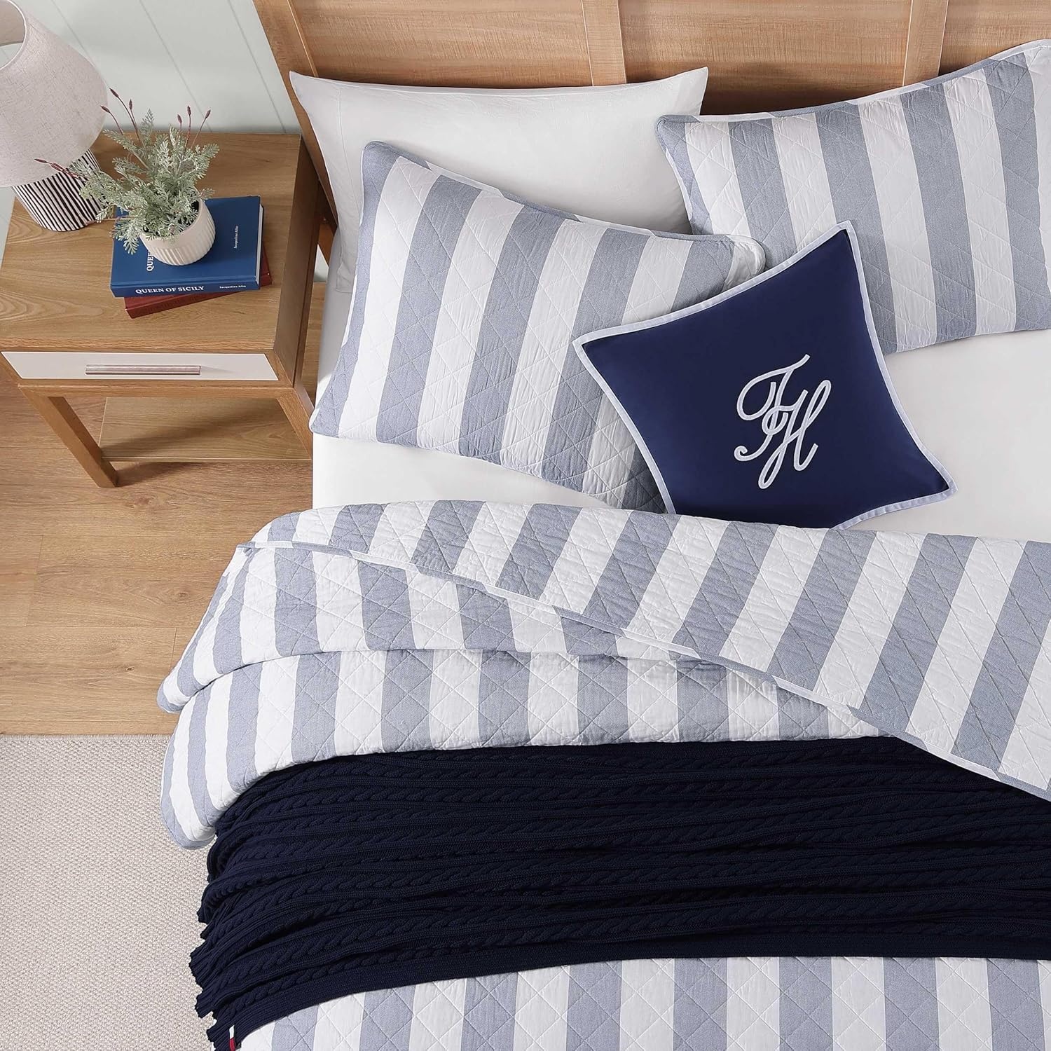 image:imageTommy Hilfiger Twin Quilt Set Reversible Soft Cotton Percale Bedding with Reversible Stripe Design Lightweight AllSeason Quilt with Matching Sham Americana Decor Ithaca Patchwork BlueCapri Stripe Blue