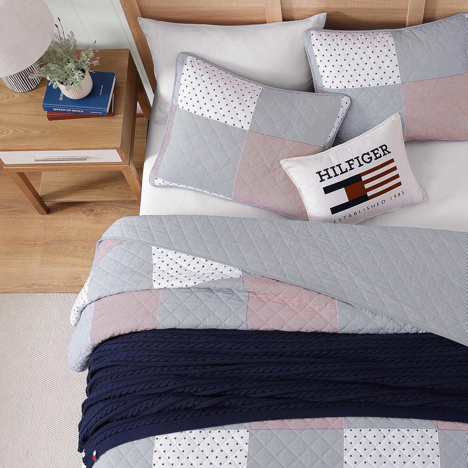 image:imageTommy Hilfiger Twin Quilt Set Reversible Soft Cotton Percale Bedding with Reversible Stripe Design Lightweight AllSeason Quilt with Matching Sham Americana Decor Ithaca Patchwork BlueIthaca AmericanaPatchwork Ithaca Stripe Blue