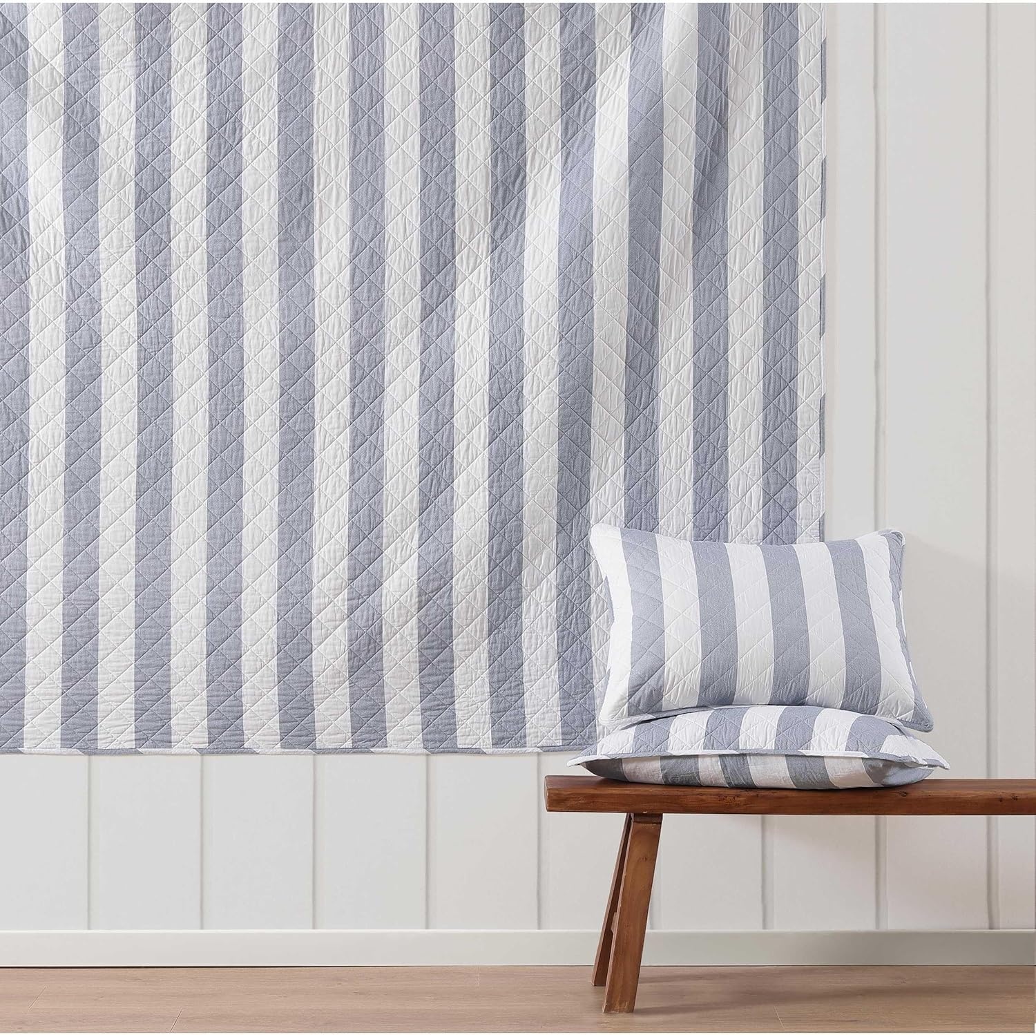 image:imageTommy Hilfiger Twin Quilt Set Reversible Soft Cotton Percale Bedding with Reversible Stripe Design Lightweight AllSeason Quilt with Matching Sham Americana Decor Ithaca Patchwork BlueCapri Stripe Blue