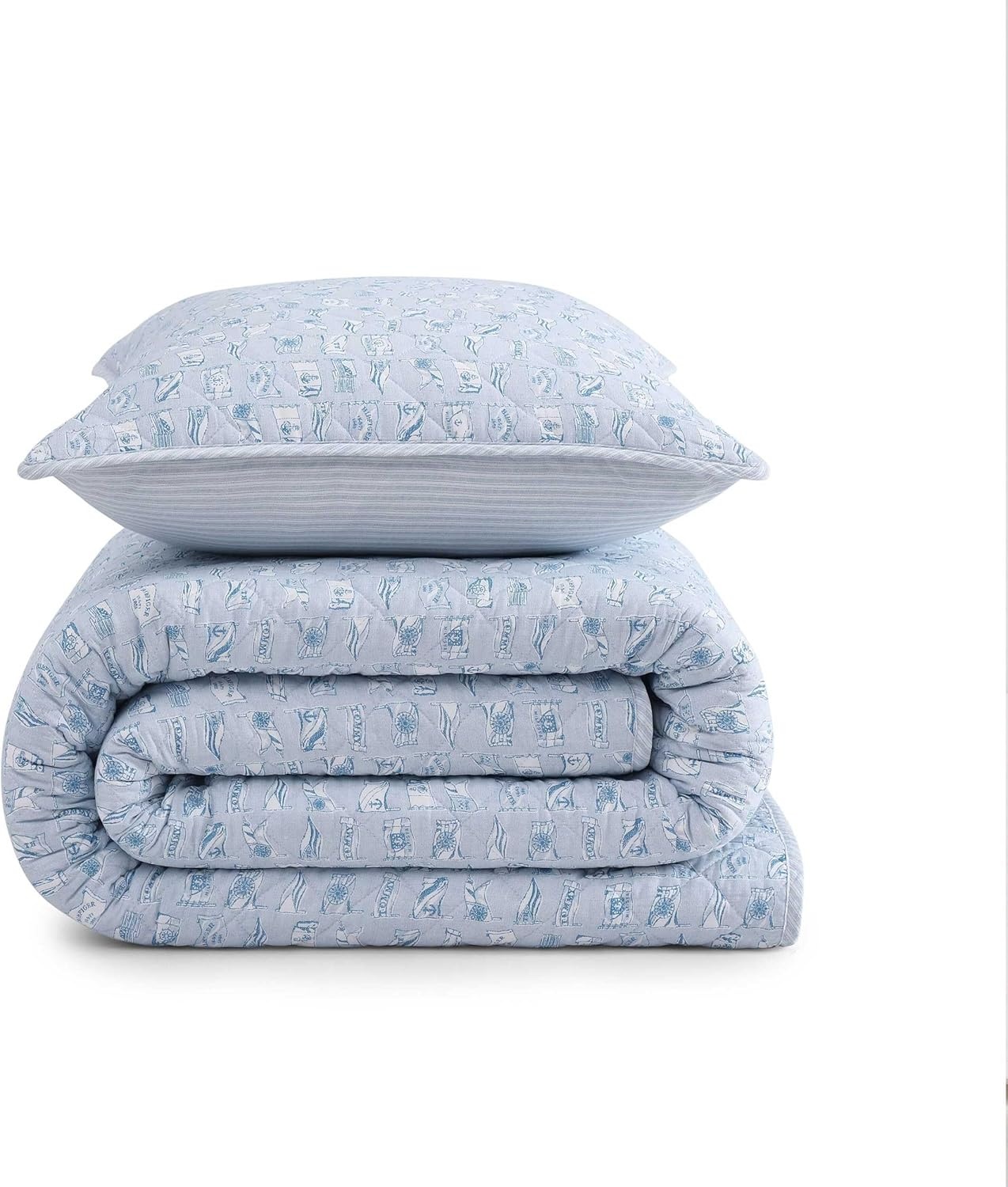 image:imageTommy Hilfiger Twin Quilt Set Reversible Soft Cotton Percale Bedding with Reversible Stripe Design Lightweight AllSeason Quilt with Matching Sham Americana Decor Ithaca Patchwork BlueBoating FlagsTicking Stripe Blue