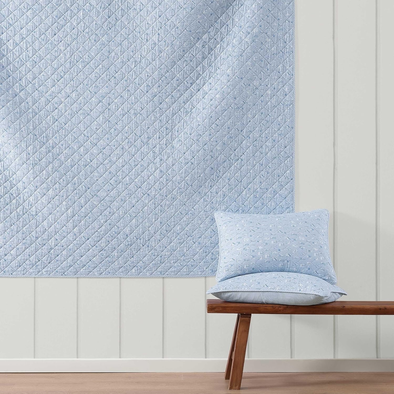 image:imageTommy Hilfiger Twin Quilt Set Reversible Soft Cotton Percale Bedding with Reversible Stripe Design Lightweight AllSeason Quilt with Matching Sham Americana Decor Ithaca Patchwork BlueBoating FlagsTicking Stripe Blue