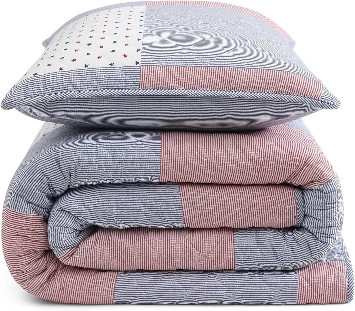 image:imageTommy Hilfiger Twin Quilt Set Reversible Soft Cotton Percale Bedding with Reversible Stripe Design Lightweight AllSeason Quilt with Matching Sham Americana Decor Ithaca Patchwork BlueIthaca AmericanaPatchwork Ithaca Stripe Blue