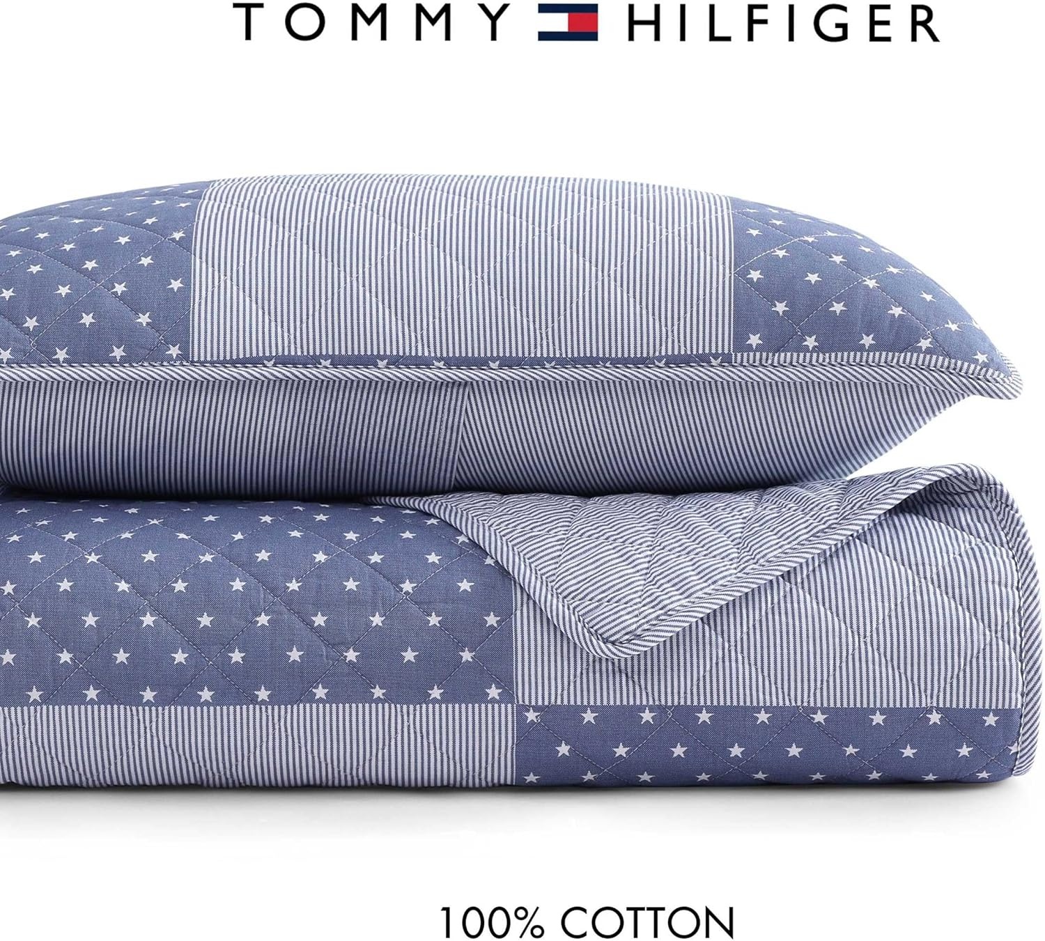 image:imageTommy Hilfiger Twin Quilt Set Reversible Soft Cotton Percale Bedding with Reversible Stripe Design Lightweight AllSeason Quilt with Matching Sham Americana Decor Ithaca Patchwork BlueIthaca StargazePatchwork Ithaca Stripe Blue