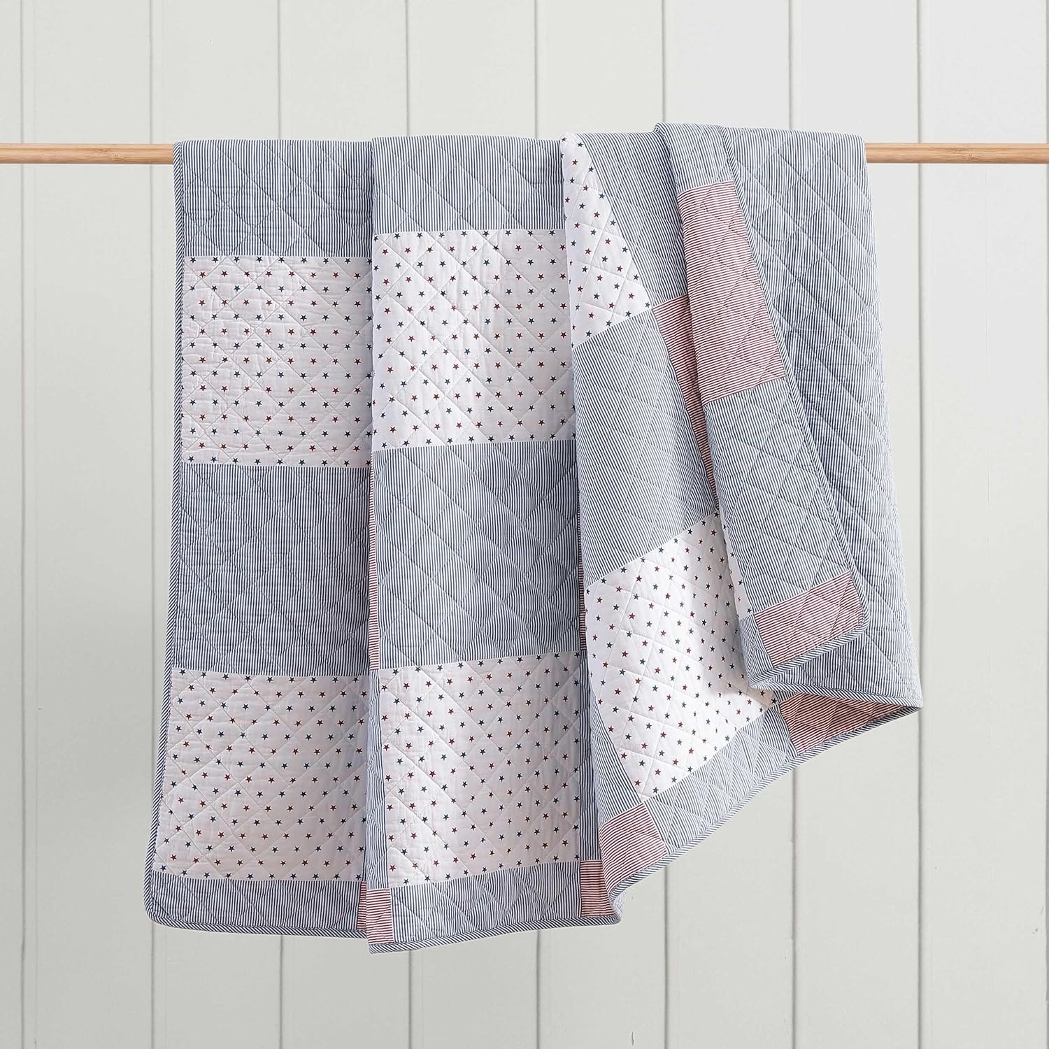 image:imageTommy Hilfiger Twin Quilt Set Reversible Soft Cotton Percale Bedding with Reversible Stripe Design Lightweight AllSeason Quilt with Matching Sham Americana Decor Ithaca Patchwork BlueIthaca AmericanaPatchwork Ithaca Stripe Blue