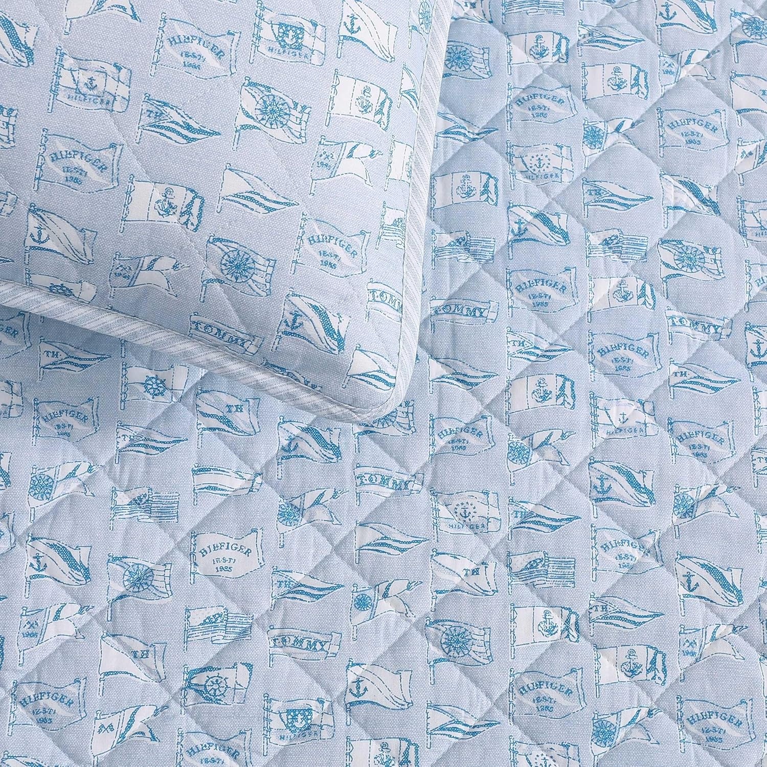 image:imageTommy Hilfiger Twin Quilt Set Reversible Soft Cotton Percale Bedding with Reversible Stripe Design Lightweight AllSeason Quilt with Matching Sham Americana Decor Ithaca Patchwork BlueBoating FlagsTicking Stripe Blue