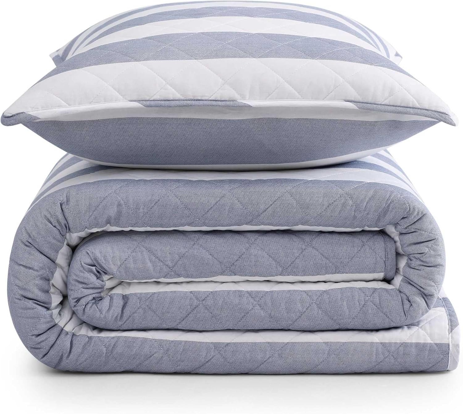 image:imageTommy Hilfiger Twin Quilt Set Reversible Soft Cotton Percale Bedding with Reversible Stripe Design Lightweight AllSeason Quilt with Matching Sham Americana Decor Ithaca Patchwork BlueCapri Stripe Blue