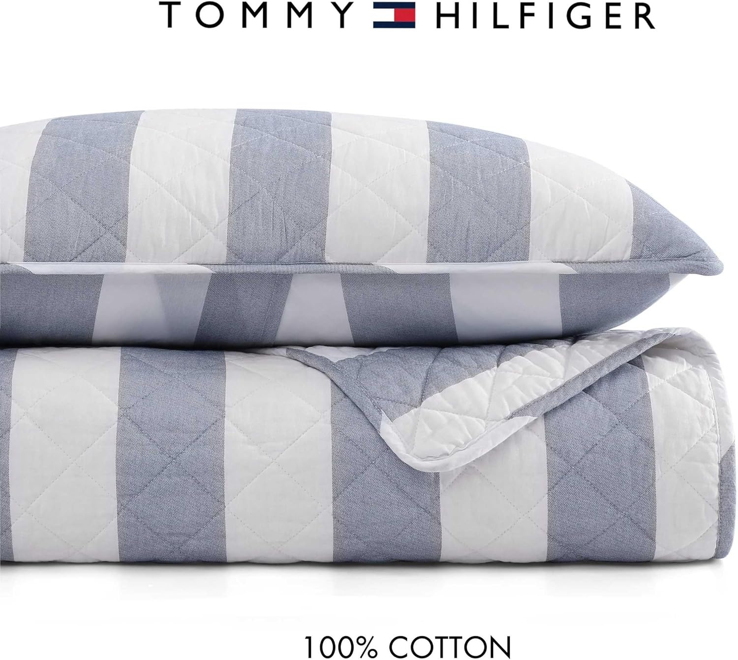 image:imageTommy Hilfiger Twin Quilt Set Reversible Soft Cotton Percale Bedding with Reversible Stripe Design Lightweight AllSeason Quilt with Matching Sham Americana Decor Ithaca Patchwork BlueCapri Stripe Blue