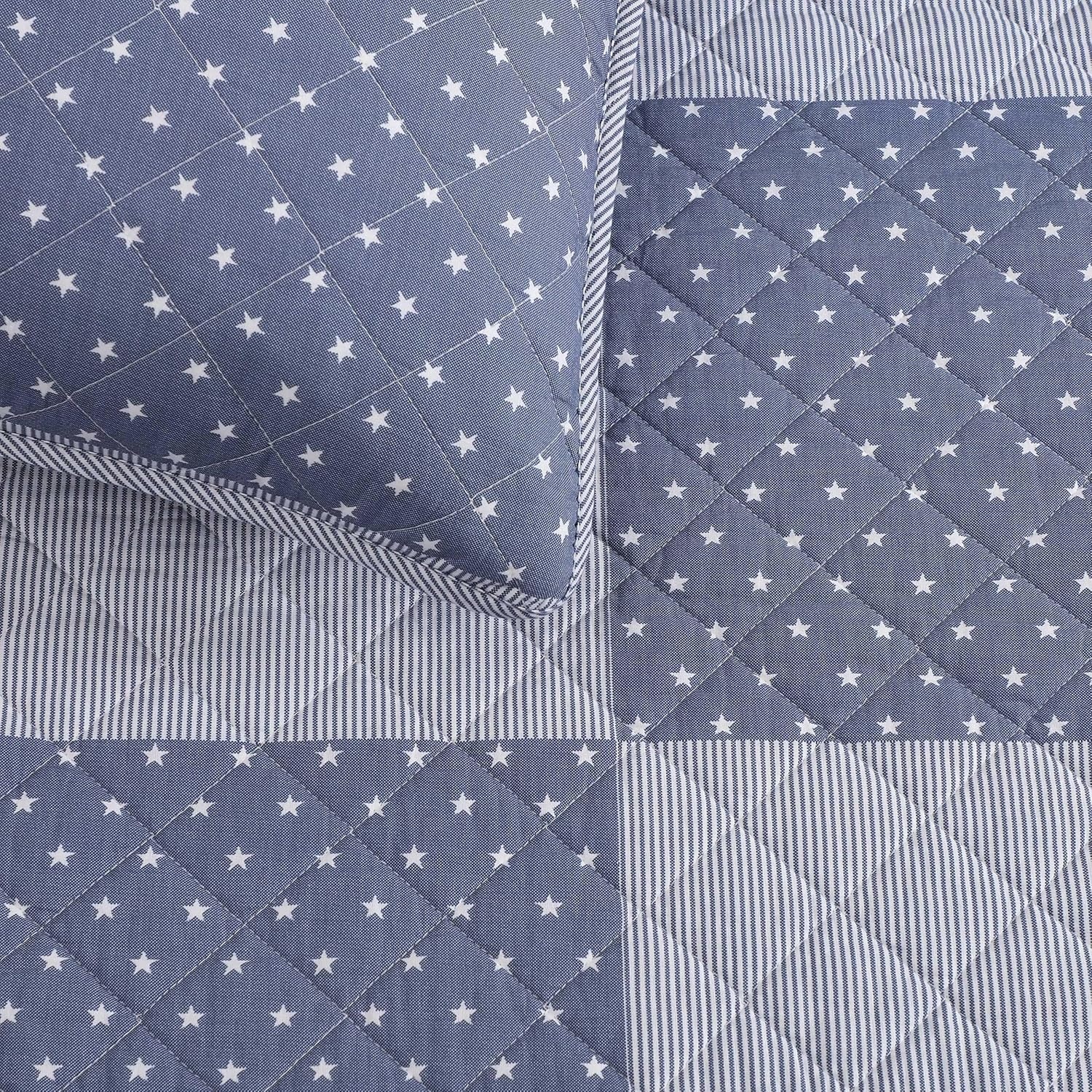 image:imageTommy Hilfiger Twin Quilt Set Reversible Soft Cotton Percale Bedding with Reversible Stripe Design Lightweight AllSeason Quilt with Matching Sham Americana Decor Ithaca Patchwork BlueIthaca StargazePatchwork Ithaca Stripe Blue