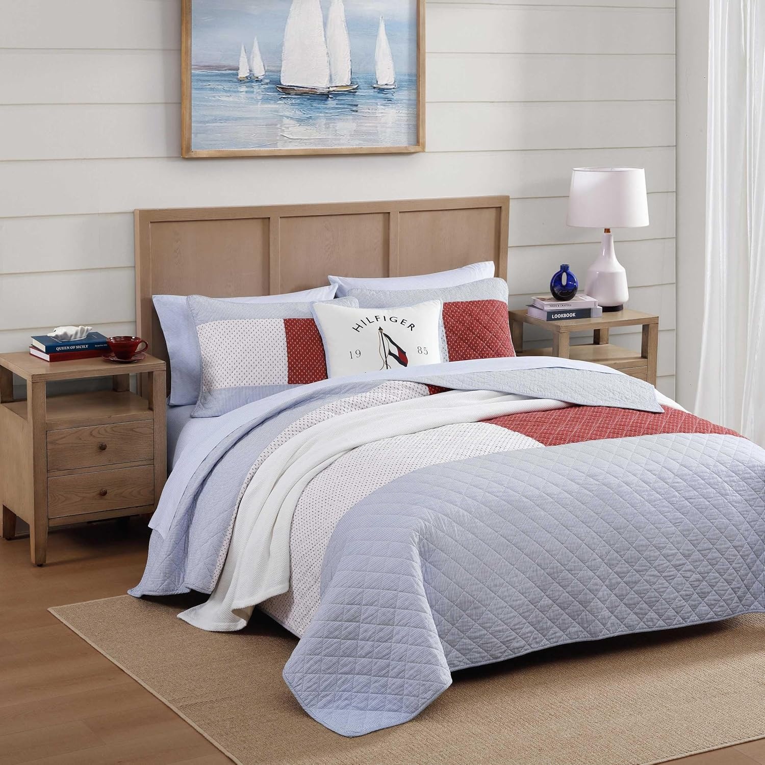 image:imageTommy Hilfiger Twin Quilt Set Reversible Soft Cotton Percale Bedding with Reversible Stripe Design Lightweight AllSeason Quilt with Matching Sham Americana Decor Nautical Anchor BlueNautical Anchor FlagIthaca Stripe Blue